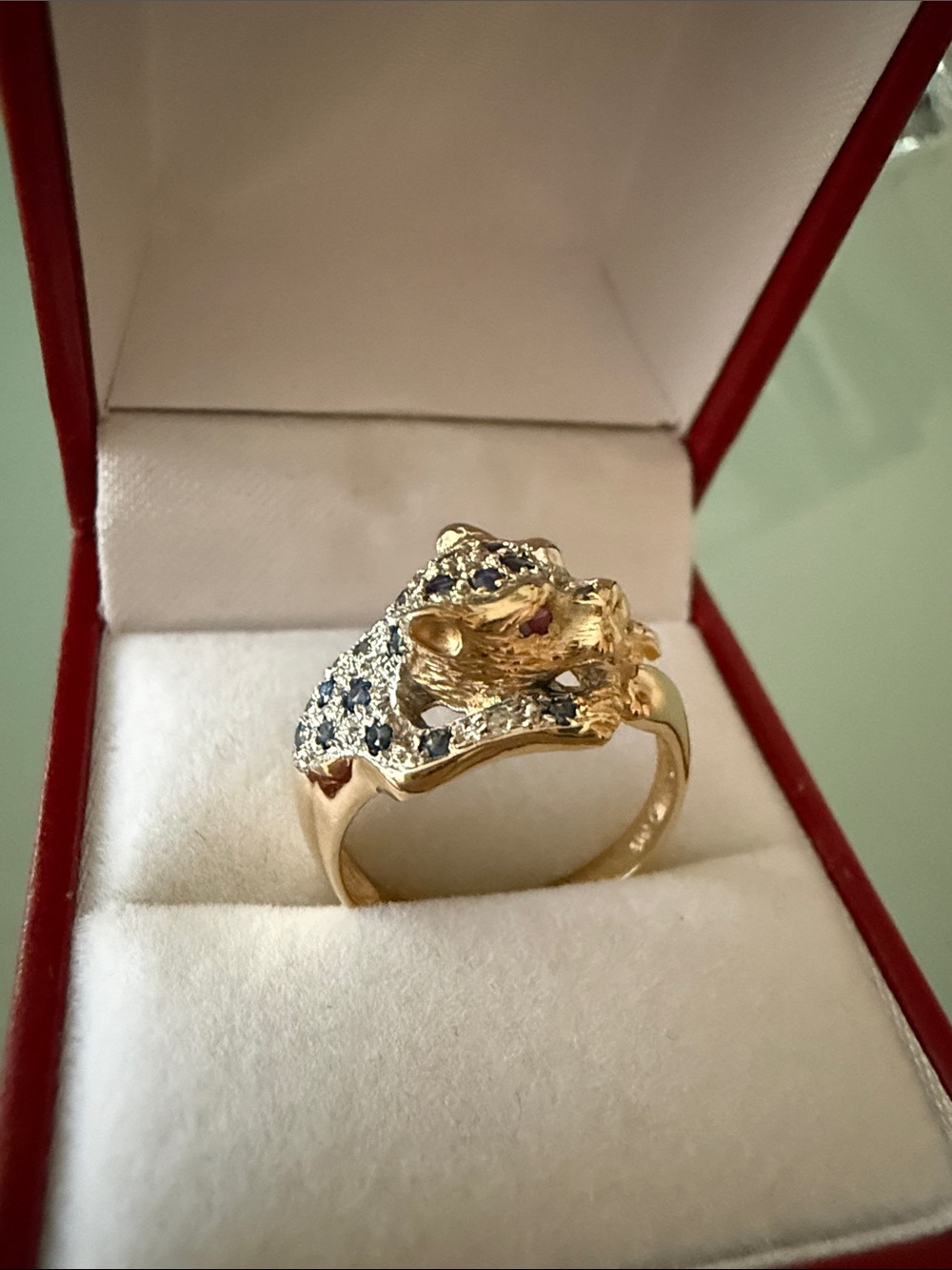 NIB PANTHER RING 14K/585 yellow gold,blue sapphires,2 rubies sz 6.5  Made in IT